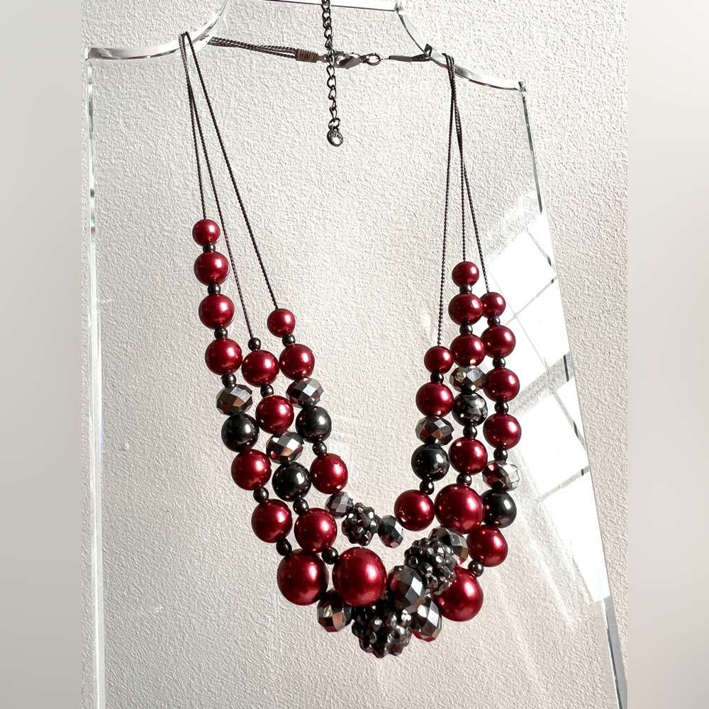 RMN Vintage multi-strand necklace burgundy and black beads wz rhinestones